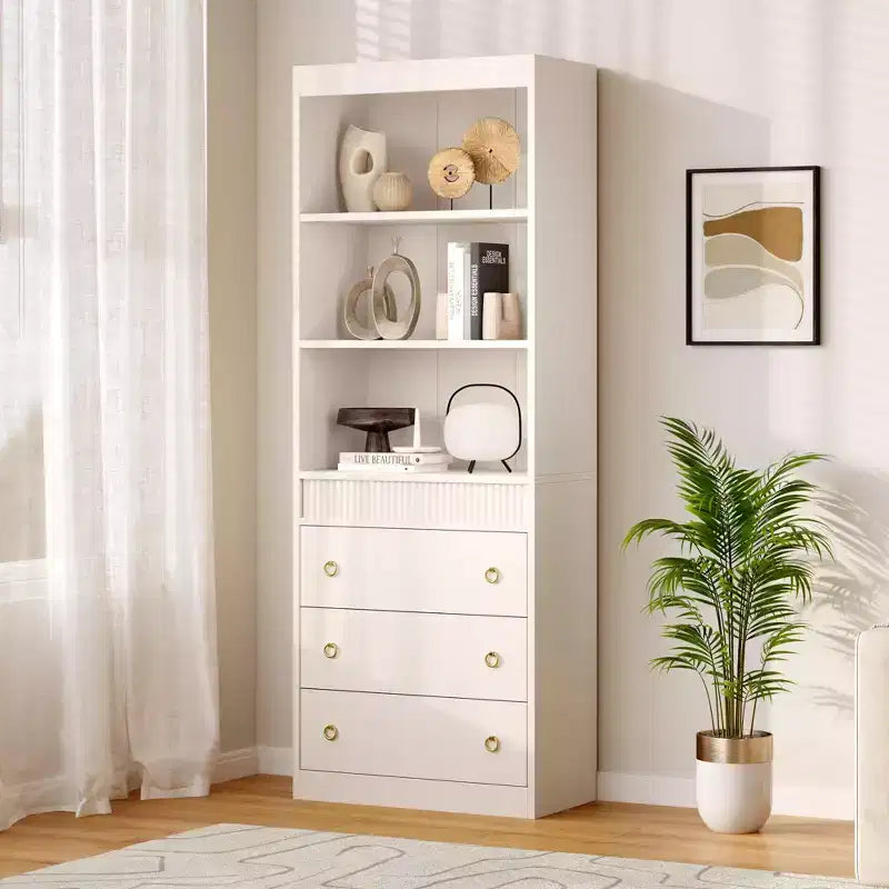Fluted Bookcase with Drawers, 70.8 6-Tier White Bookshelf, Waved Design Storage Cabinet & Open Shelf for Living Room Office