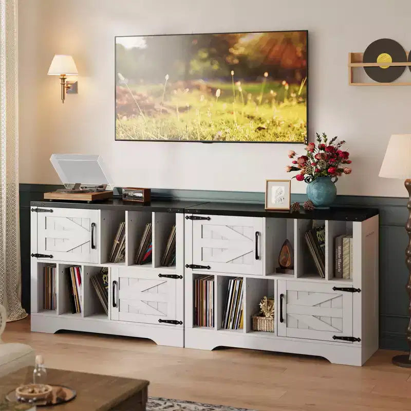 39in Large Vinyl Record Storage, Farmhouse Wood Turntable Record Player Stand with Storage Cabinet and 2 Barn Doors for Living Room Bedroom, White