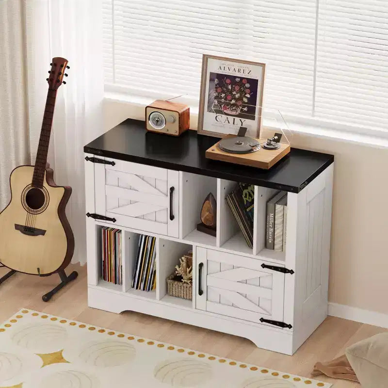 39in Large Vinyl Record Storage, Farmhouse Wood Turntable Record Player Stand with Storage Cabinet and 2 Barn Doors for Living Room Bedroom, White