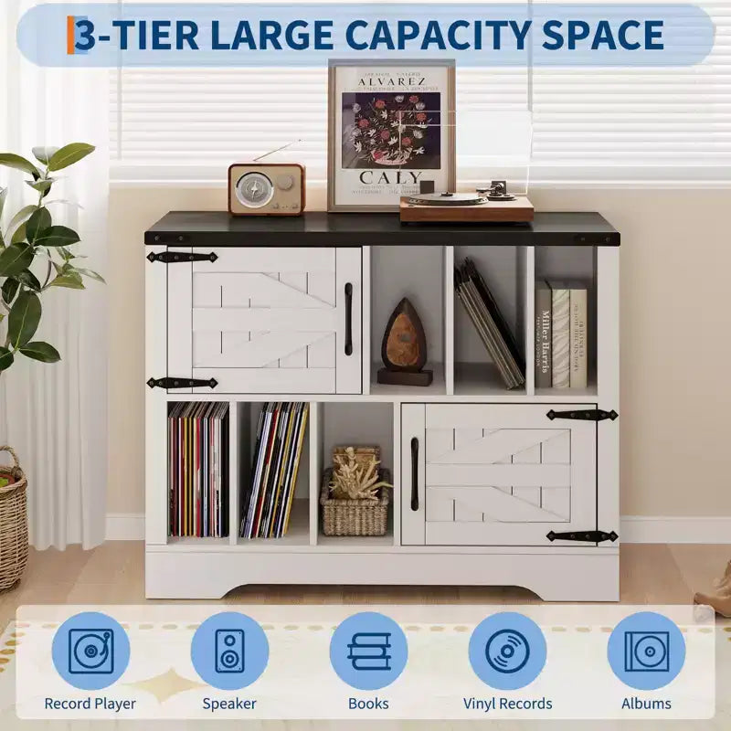 39in Large Vinyl Record Storage, Farmhouse Wood Turntable Record Player Stand with Storage Cabinet and 2 Barn Doors for Living Room Bedroom, White
