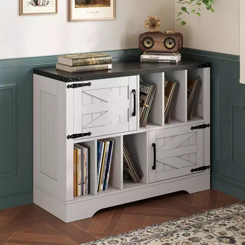 39in Large Vinyl Record Storage, Farmhouse Wood Turntable Record Player Stand with Storage Cabinet and 2 Barn Doors for Living Room Bedroom, White