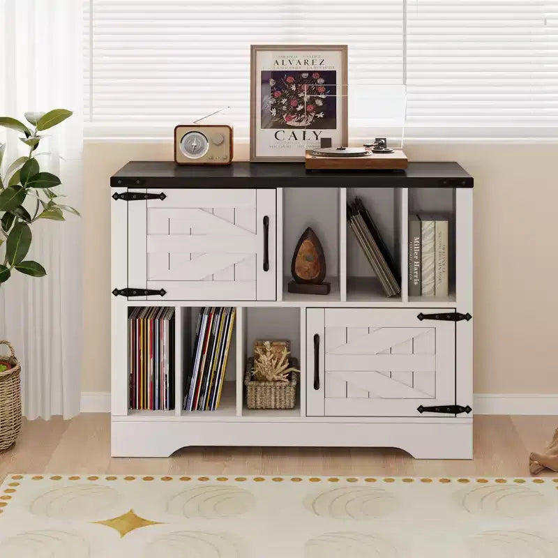 39in Large Vinyl Record Storage, Farmhouse Wood Turntable Record Player Stand with Storage Cabinet and 2 Barn Doors for Living Room Bedroom, White