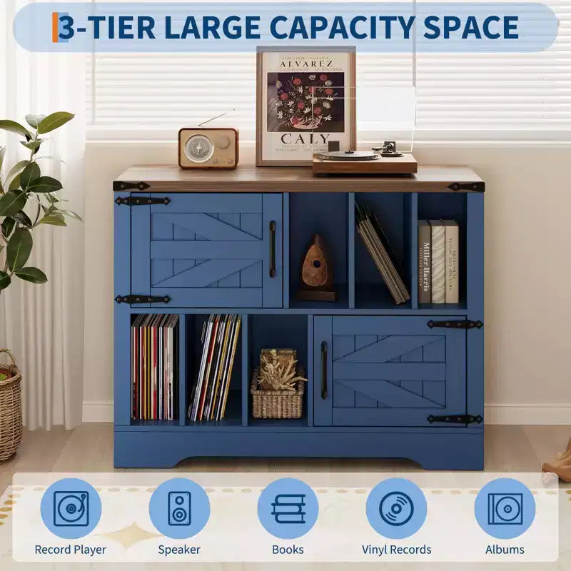 39in Large Vinyl Record Storage, Farmhouse Wood Turntable Record Player Stand with Storage Cabinet and 2 Barn Doors for Living Room Bedroom, White
