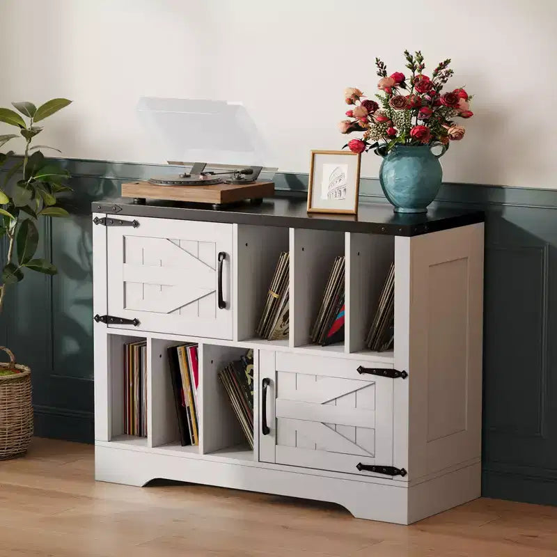 39in Large Vinyl Record Storage, Farmhouse Wood Turntable Record Player Stand with Storage Cabinet and 2 Barn Doors for Living Room Bedroom, White