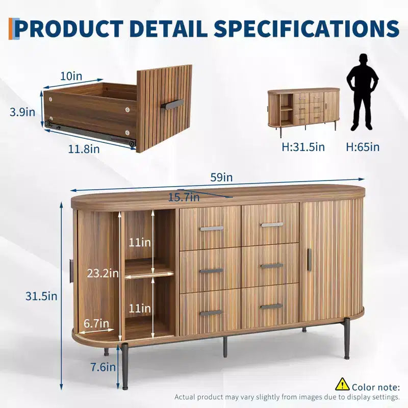 59 Sideboard Buffet Cabinet, Coffee Bar Cabinet with Sliding Door & 6 Drawers, Wood Credenza Console Table, Floor Cupboard Cabinet for Kitchen