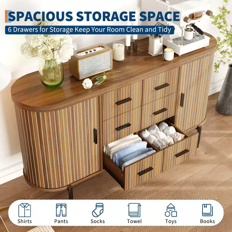 59 Sideboard Buffet Cabinet, Coffee Bar Cabinet with Sliding Door & 6 Drawers, Wood Credenza Console Table, Floor Cupboard Cabinet for Kitchen
