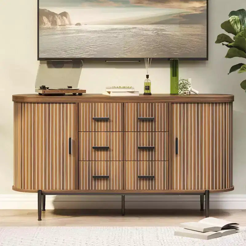 59 Sideboard Buffet Cabinet, Coffee Bar Cabinet with Sliding Door & 6 Drawers, Wood Credenza Console Table, Floor Cupboard Cabinet for Kitchen