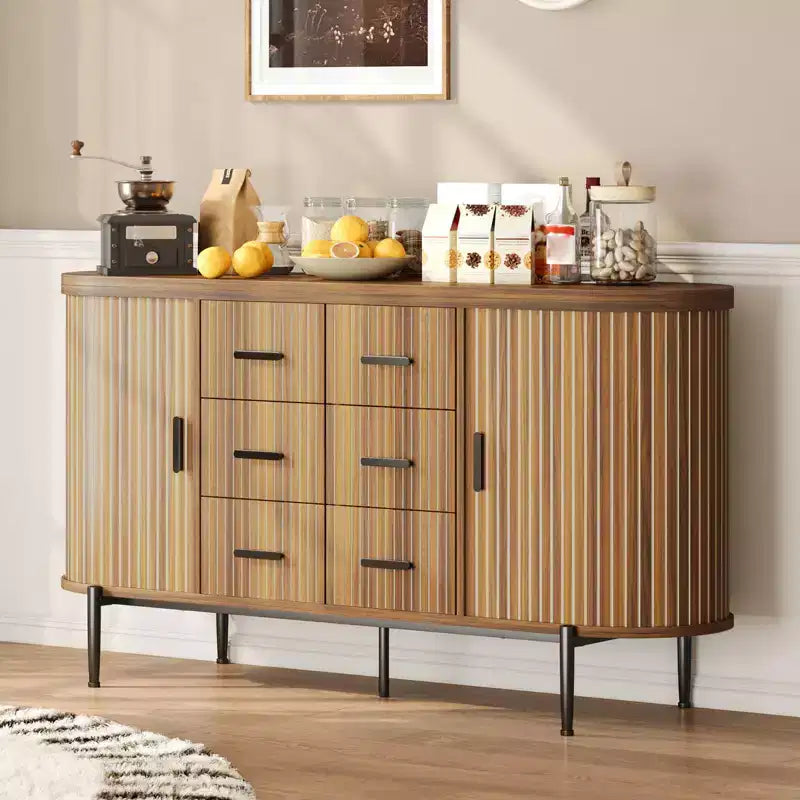 59 Sideboard Buffet Cabinet, Coffee Bar Cabinet with Sliding Door & 6 Drawers, Wood Credenza Console Table, Floor Cupboard Cabinet for Kitchen