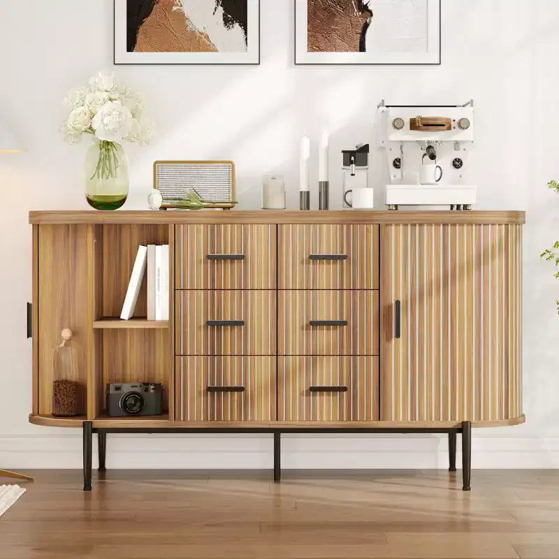 59 Sideboard Buffet Cabinet, Coffee Bar Cabinet with Sliding Door & 6 Drawers, Wood Credenza Console Table, Floor Cupboard Cabinet for Kitchen