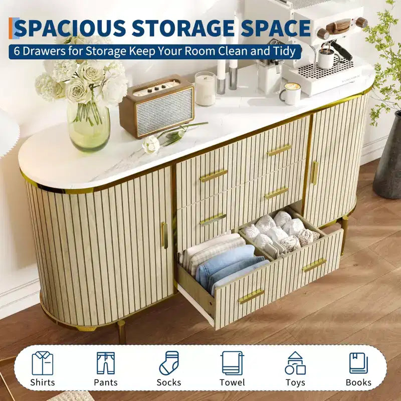 59 Sideboard Buffet Cabinet, Coffee Bar Cabinet with Sliding Door & 6 Drawers, Wood Credenza Console Table, Floor Cupboard Cabinet for Kitchen