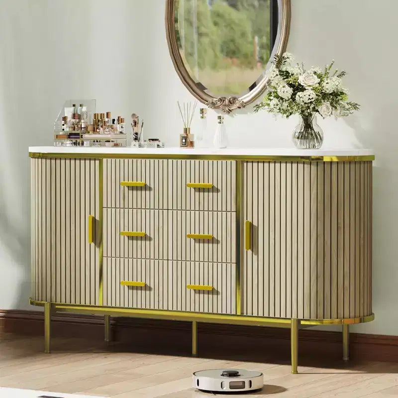 59 Sideboard Buffet Cabinet, Coffee Bar Cabinet with Sliding Door & 6 Drawers, Wood Credenza Console Table, Floor Cupboard Cabinet for Kitchen
