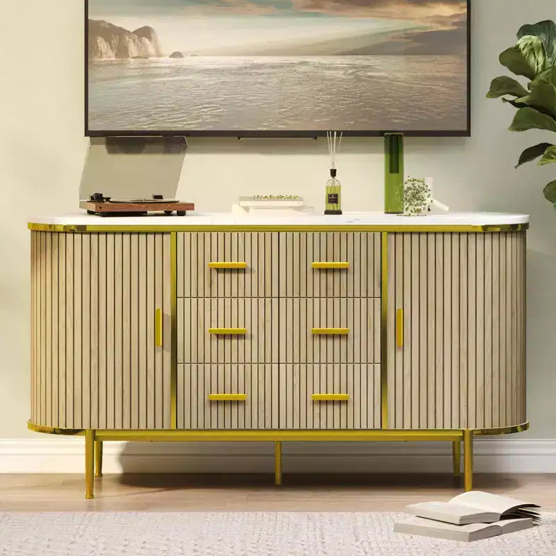 59 Sideboard Buffet Cabinet, Coffee Bar Cabinet with Sliding Door & 6 Drawers, Wood Credenza Console Table, Floor Cupboard Cabinet for Kitchen