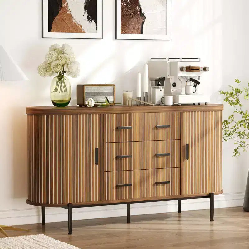 59 Sideboard Buffet Cabinet, Coffee Bar Cabinet with Sliding Door & 6 Drawers, Wood Credenza Console Table, Floor Cupboard Cabinet for Kitchen