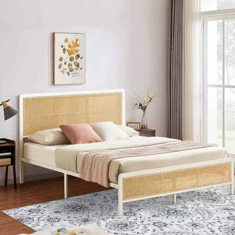 Modern Soft-padded Thick-bottomed Bed Frame, Equipped with Lighting and Adjustable Headboard, Bohemian Style, no Spring Box, White