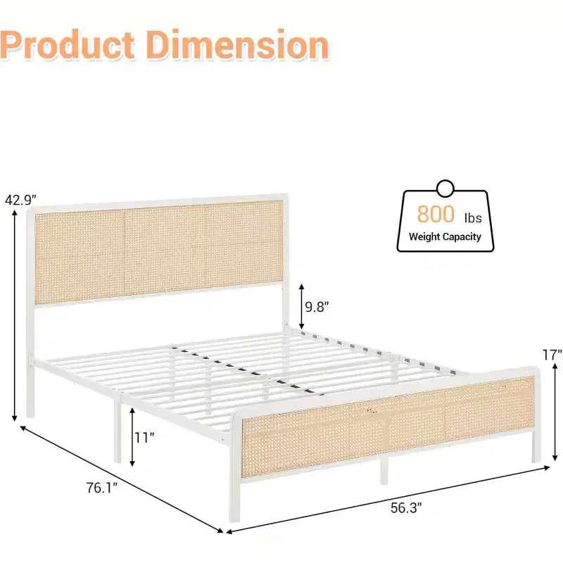 Modern Soft-padded Thick-bottomed Bed Frame, Equipped with Lighting and Adjustable Headboard, Bohemian Style, no Spring Box, White