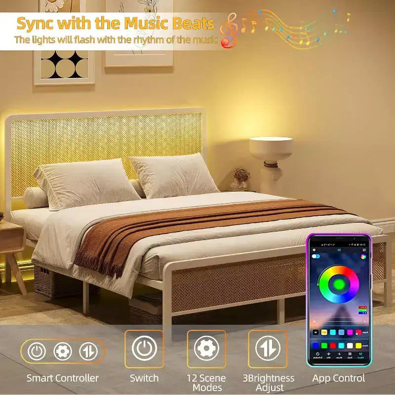 Modern Soft-padded Thick-bottomed Bed Frame, Equipped with Lighting and Adjustable Headboard, Bohemian Style, no Spring Box, White