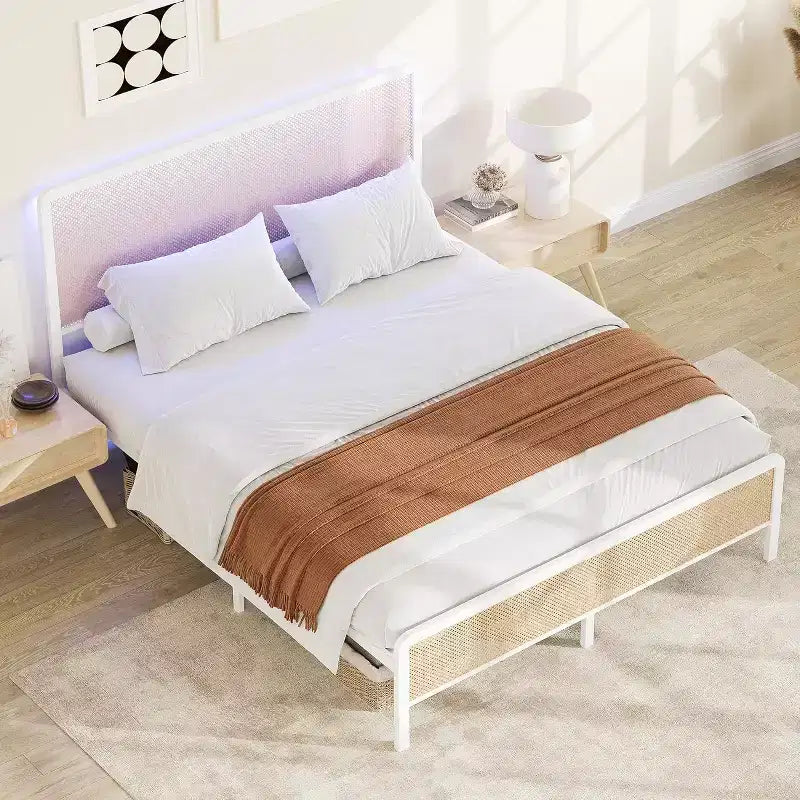 Modern Soft-padded Thick-bottomed Bed Frame, Equipped with Lighting and Adjustable Headboard, Bohemian Style, no Spring Box, White