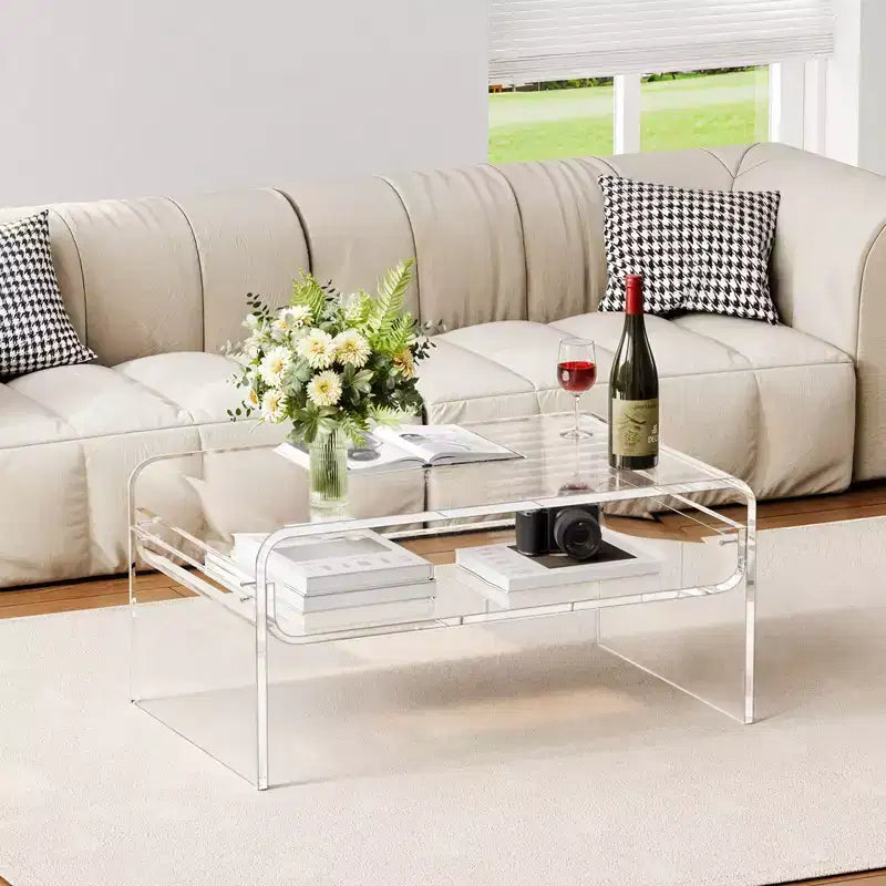 VEVOR Acrylic Coffee Table, 2 Tiers Center Table with Storage Shelf, Modern Rectangle Acrylic Coffee Desk,19.7 x 31.5 x 15 in, Clear