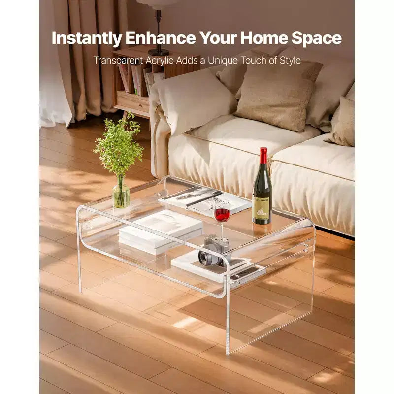 VEVOR Acrylic Coffee Table, 2 Tiers Center Table with Storage Shelf, Modern Rectangle Acrylic Coffee Desk,19.7 x 31.5 x 15 in, Clear