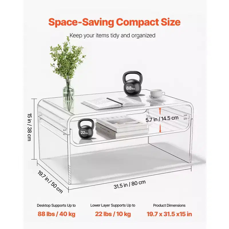 VEVOR Acrylic Coffee Table, 2 Tiers Center Table with Storage Shelf, Modern Rectangle Acrylic Coffee Desk,19.7 x 31.5 x 15 in, Clear