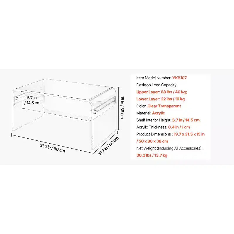VEVOR Acrylic Coffee Table, 2 Tiers Center Table with Storage Shelf, Modern Rectangle Acrylic Coffee Desk,19.7 x 31.5 x 15 in, Clear