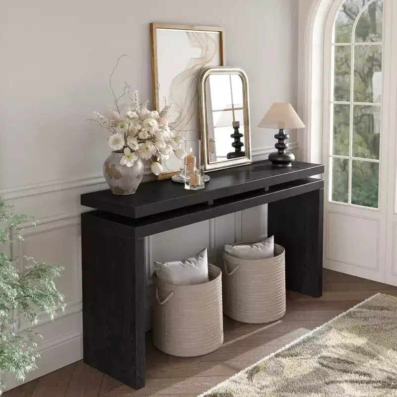 Clihome 60 Farmhouse Console Table - Retro Wooden Entryway Table with Double Board Suspension Design,Sofa Table for Living Room