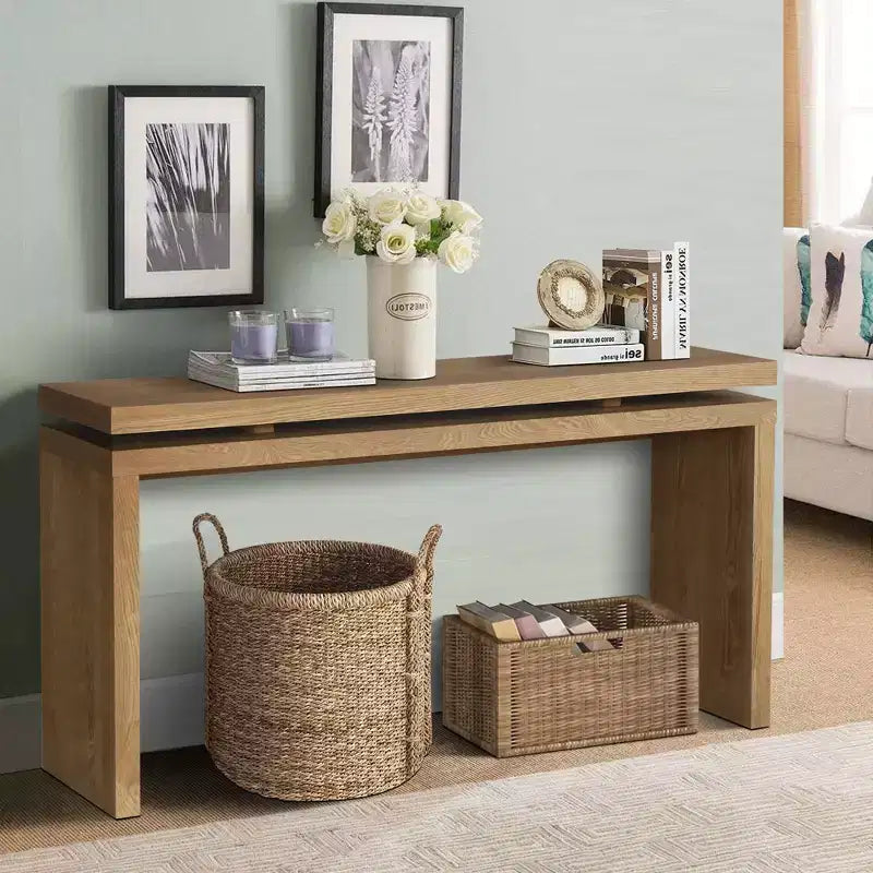 Clihome 60 Farmhouse Console Table - Retro Wooden Entryway Table with Double Board Suspension Design,Sofa Table for Living Room