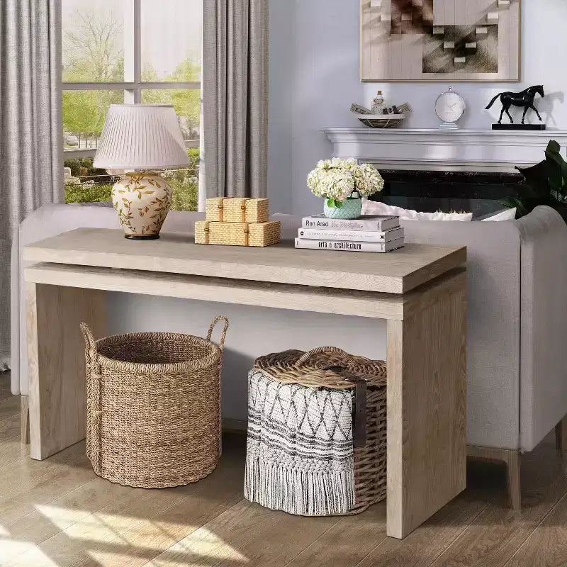 Clihome 60 Farmhouse Console Table - Retro Wooden Entryway Table with Double Board Suspension Design,Sofa Table for Living Room