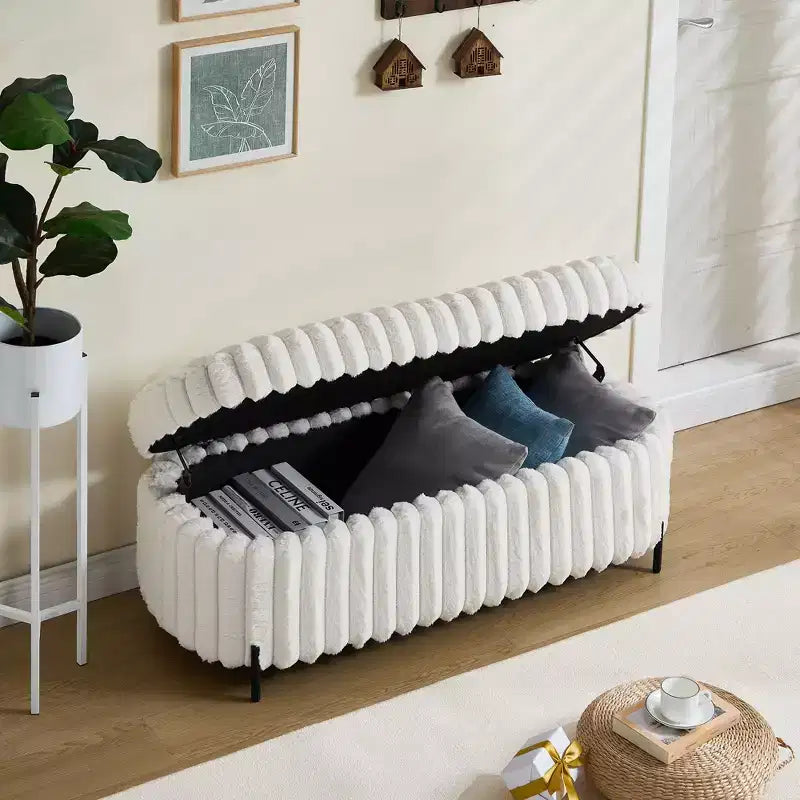 TUYOHW 49.2H Fluffy Ottoman Bench with Metal Legs,Faux Fur End-of-Bed Bench for Living Room,Wide Round Entryway Bench,275lbs Capacity
