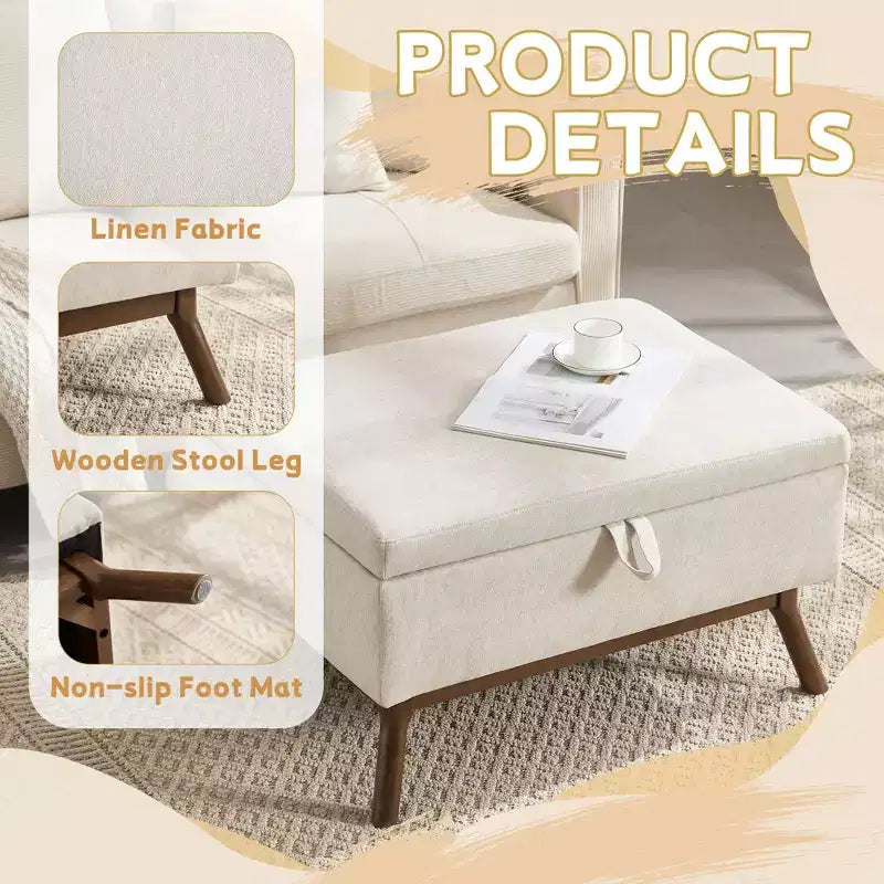 TUYOHW 23.2 Mid-Century Storage Ottoman for Living Room & Bedroom,Versatile Footstool,Soft Linen Coffee Table Ottoman,400lbs Capacity