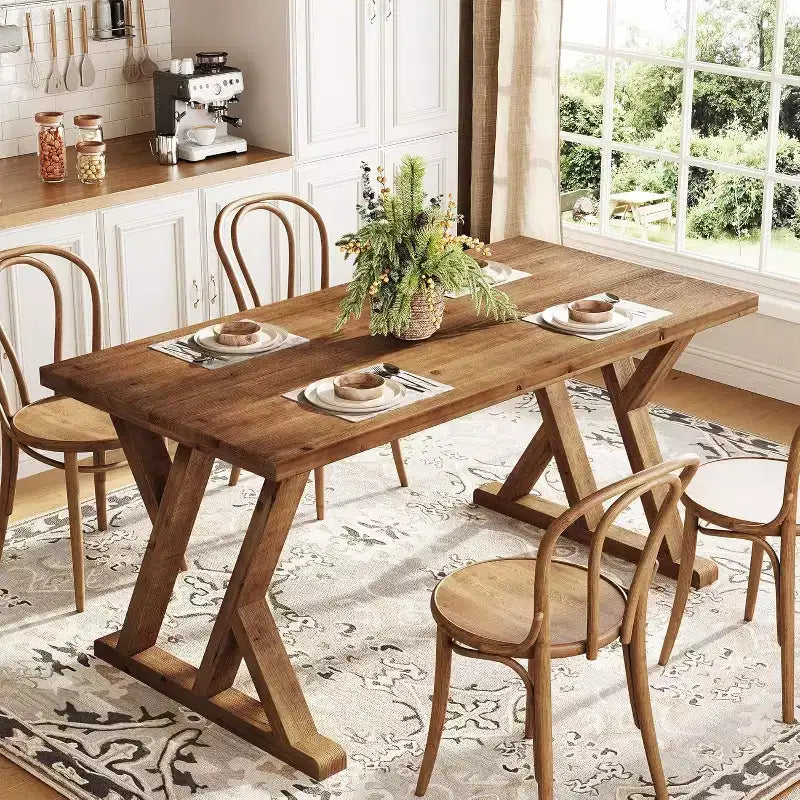 Lantine Solid Wood Dining Table for 4-6 People, 63 Inches Farmhouse Rectangular Kitchen Dinner Table for Living Room, Dining Room