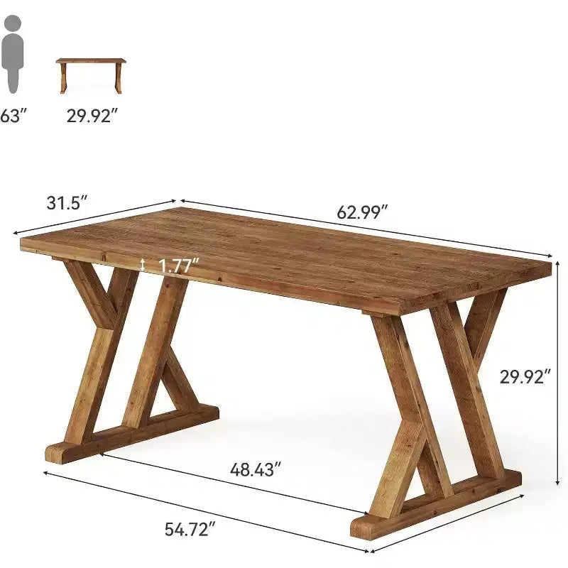 Lantine Solid Wood Dining Table for 4-6 People, 63 Inches Farmhouse Rectangular Kitchen Dinner Table for Living Room, Dining Room