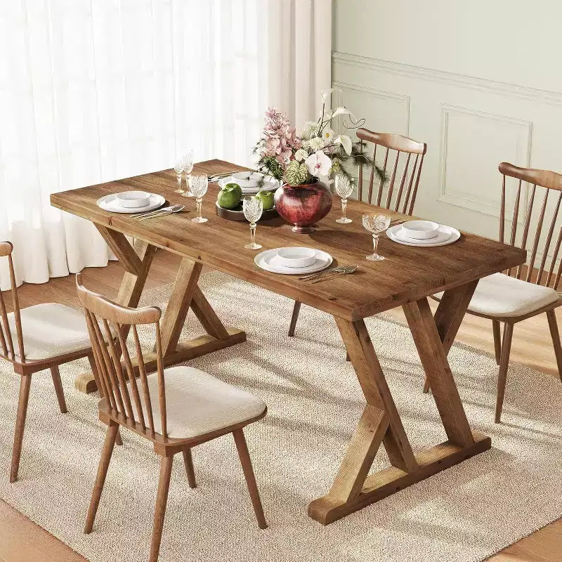 Lantine Solid Wood Dining Table for 4-6 People, 63 Inches Farmhouse Rectangular Kitchen Dinner Table for Living Room, Dining Room