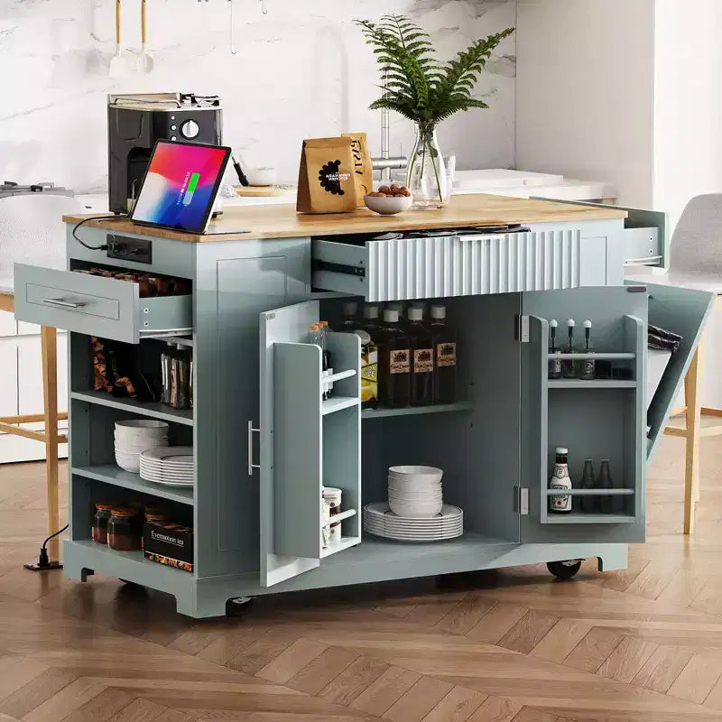 GDFStudio Gabe Fluted Kitchen Island with Trash Can Storage Cabinet, Power Outlet and Shelves