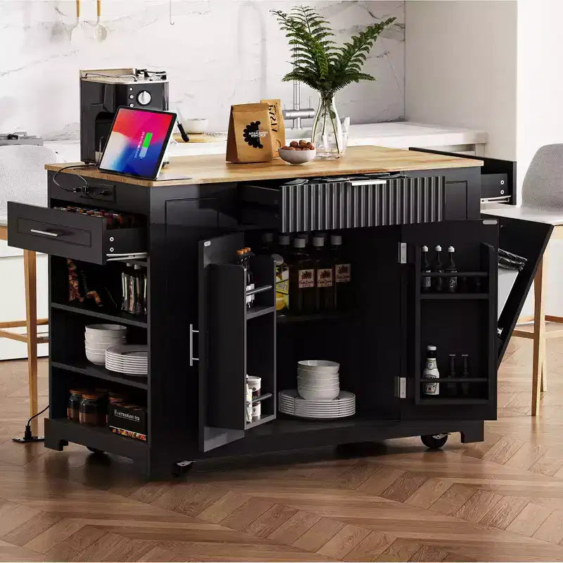 GDFStudio Gabe Fluted Kitchen Island with Trash Can Storage Cabinet, Power Outlet and Shelves