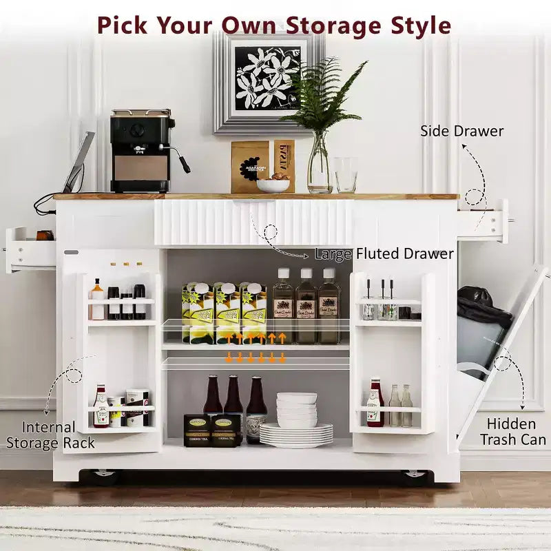GDFStudio Gabe Fluted Kitchen Island with Trash Can Storage Cabinet, Power Outlet and Shelves