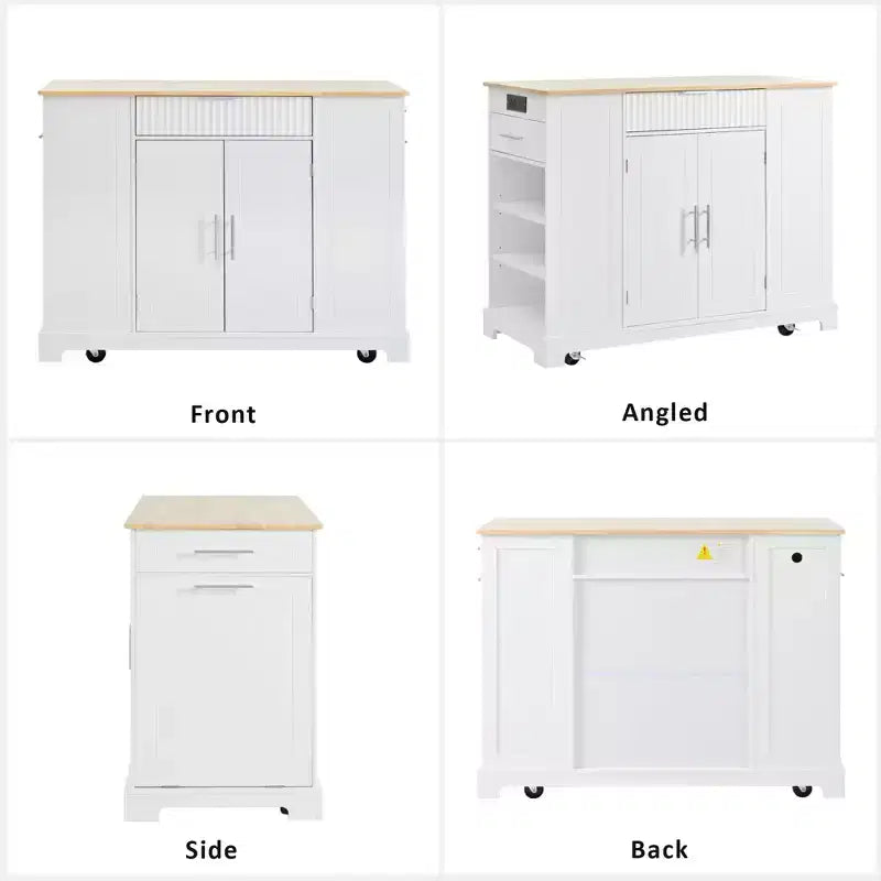 GDFStudio Gabe Fluted Kitchen Island with Trash Can Storage Cabinet, Power Outlet and Shelves