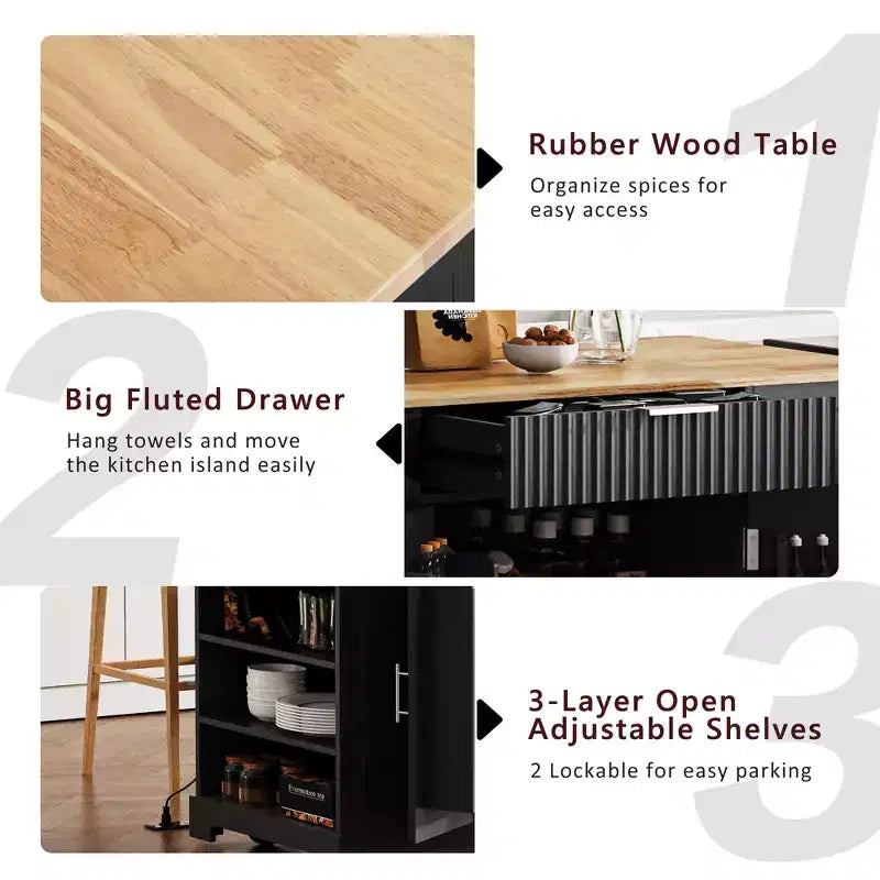 GDFStudio Gabe Fluted Kitchen Island with Trash Can Storage Cabinet, Power Outlet and Shelves
