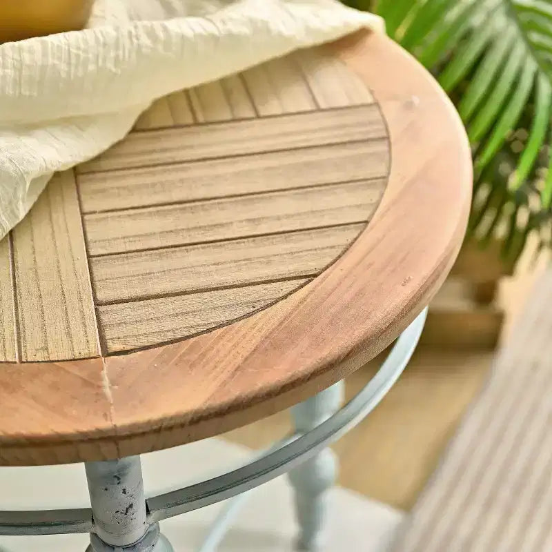 GDFStudio Marston Rustic Round Wooden Carved End Table with Metal Leg