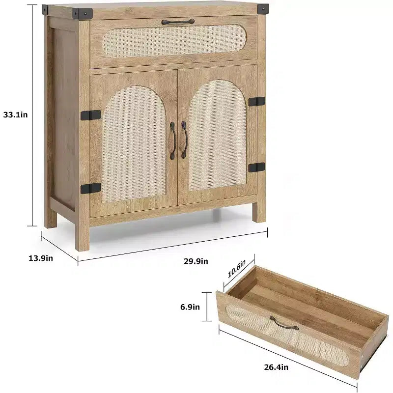 Rattan Sideboard with Drawer, Wood Buffet Cabinet with Rattan Doors & Adjustable Shelves for Living Room, Dining Room, Kitchen