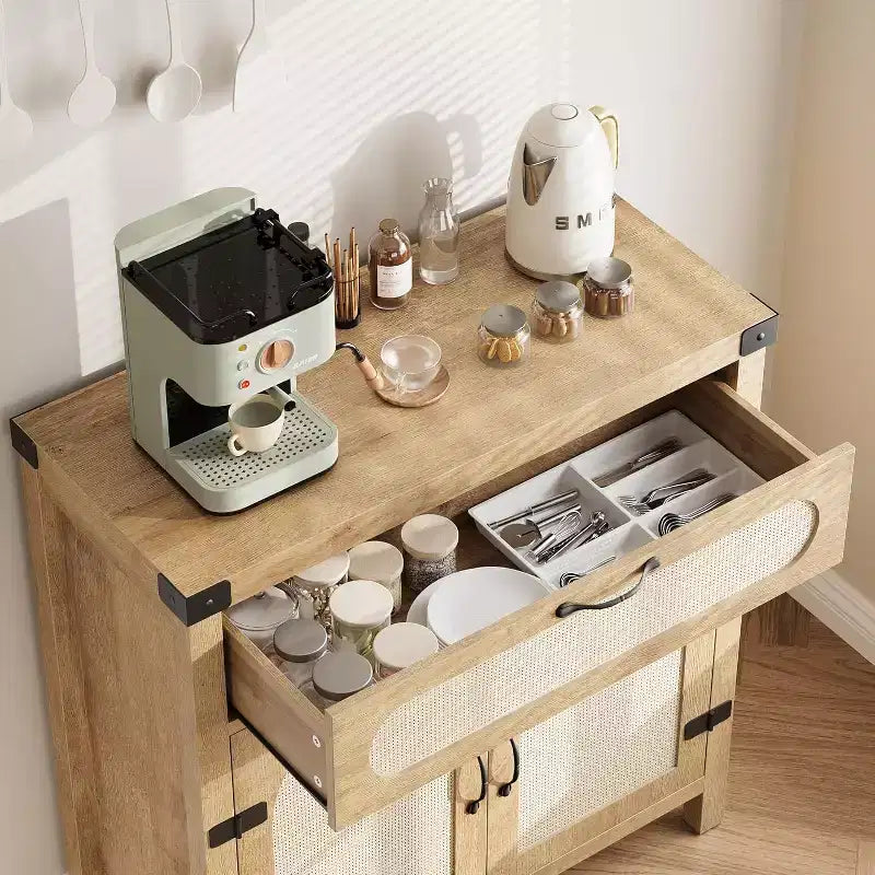 Rattan Sideboard with Drawer, Wood Buffet Cabinet with Rattan Doors & Adjustable Shelves for Living Room, Dining Room, Kitchen