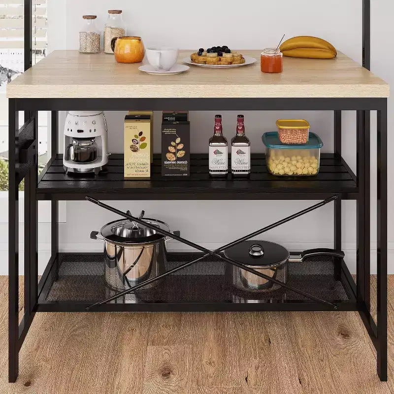 47 inch Kitchen Island with Storage, Large Bakers Rack Stand with 3-Tier Shelves, 5 Hooks for Pantry Organization, Kitchen Counter Prep Table