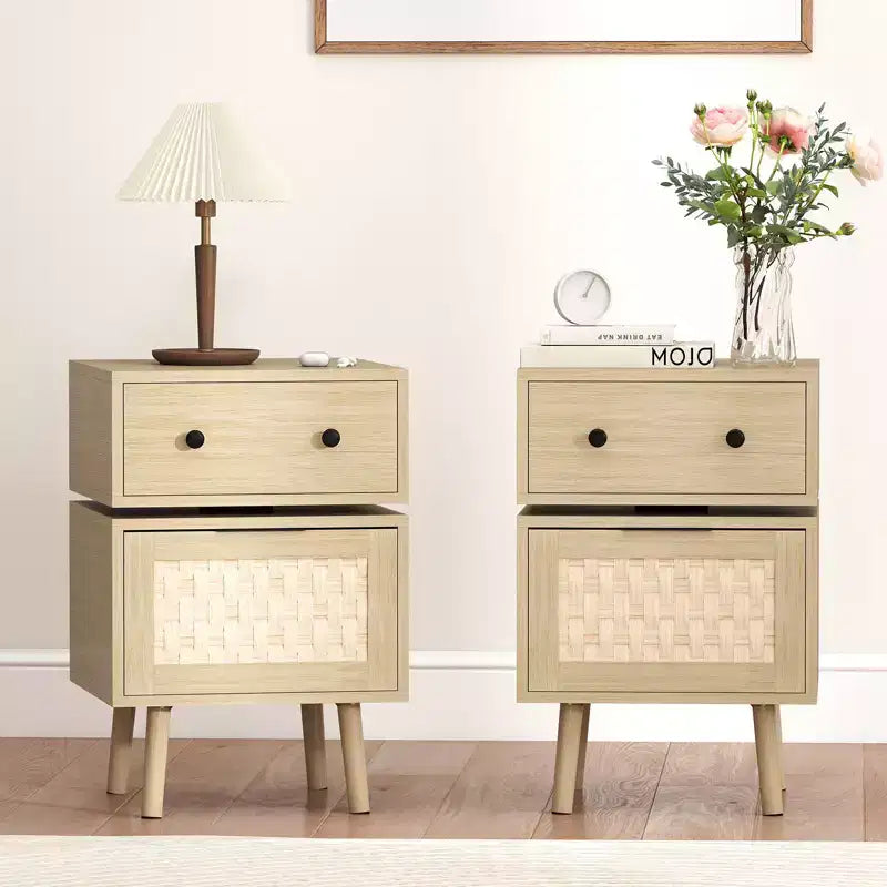 Bestier Modern Rotating Side Table with Woven Drop-Down Door, Ample Storage Space