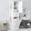 Tall Tilt-Out Laundry Cabinet, Narrow Bathroom Storage Cabinet with Hidden Laundry Hamper Basket, Hooks, Adjustable Shelf, Drawers