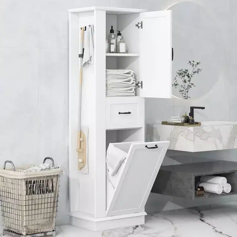 Tall Tilt-Out Laundry Cabinet, Narrow Bathroom Storage Cabinet with Hidden Laundry Hamper Basket, Hooks, Adjustable Shelf, Drawers