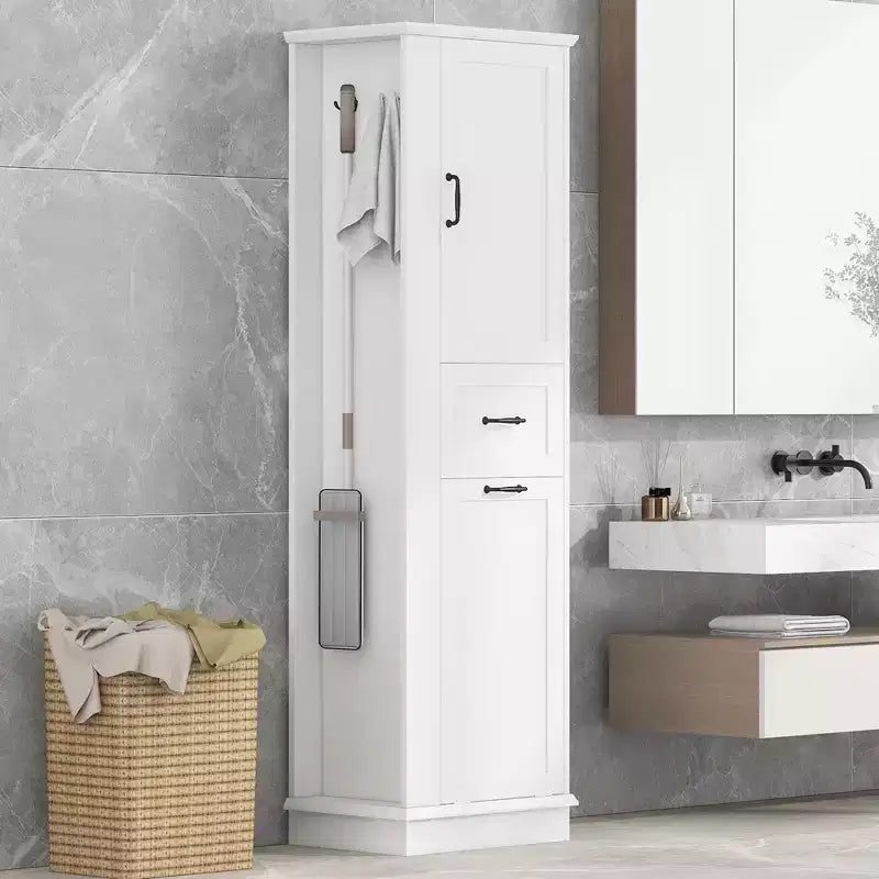 Tall Tilt-Out Laundry Cabinet, Narrow Bathroom Storage Cabinet with Hidden Laundry Hamper Basket, Hooks, Adjustable Shelf, Drawers