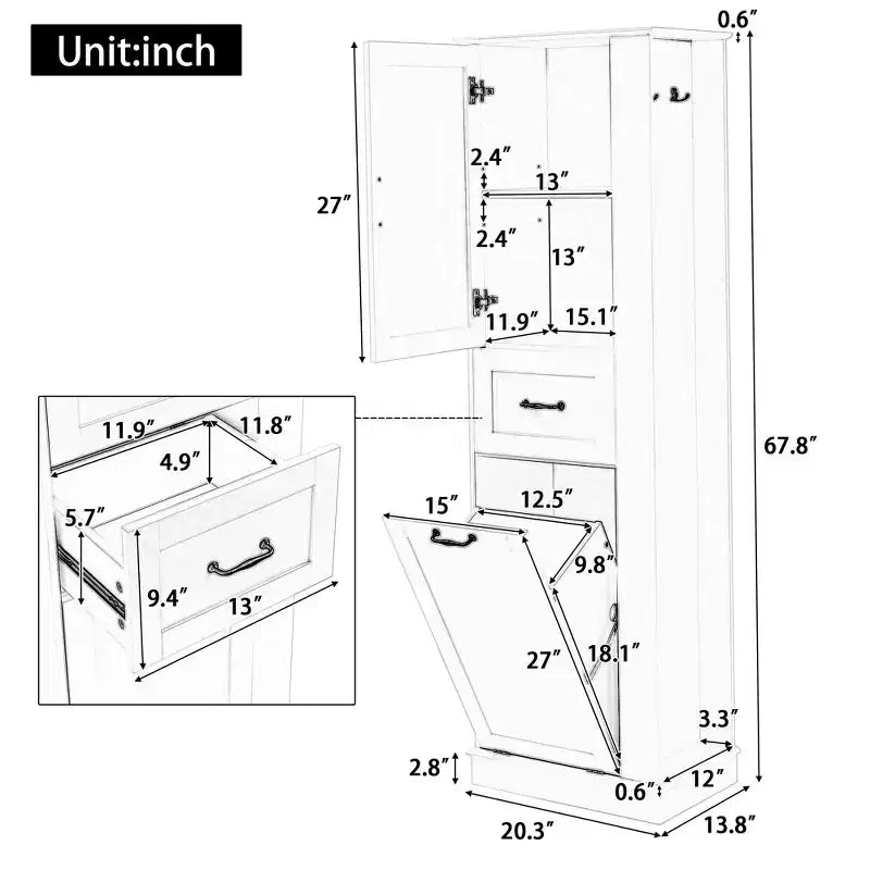 Tall Tilt-Out Laundry Cabinet, Narrow Bathroom Storage Cabinet with Hidden Laundry Hamper Basket, Hooks, Adjustable Shelf, Drawers