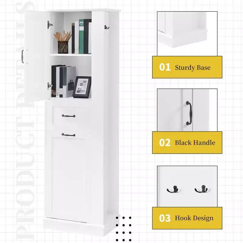 Tall Tilt-Out Laundry Cabinet, Narrow Bathroom Storage Cabinet with Hidden Laundry Hamper Basket, Hooks, Adjustable Shelf, Drawers