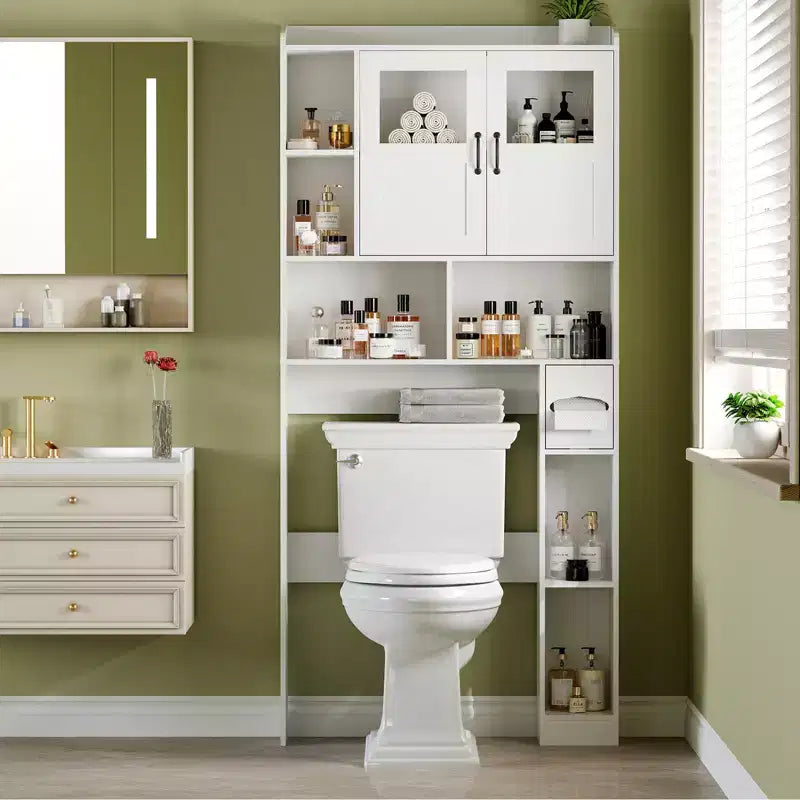 COZONY Over Toilet Storage Cabinet, Freestanding Bathroom Organizer w/ Adjustable Shelves & Glass Doors