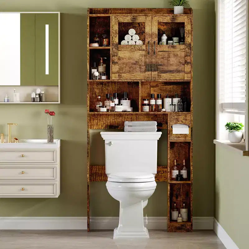 COZONY Over Toilet Storage Cabinet, Freestanding Bathroom Organizer w/ Adjustable Shelves & Glass Doors